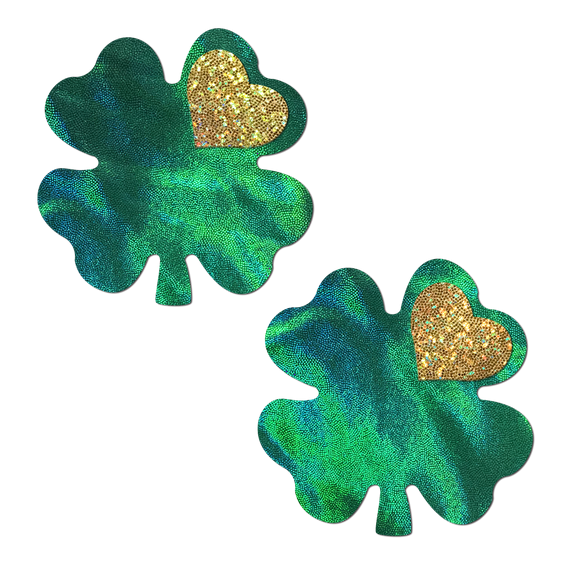 Coverage: Clover Green Holographic with Glitter Gold Heart Breast Coverings by Pastease
