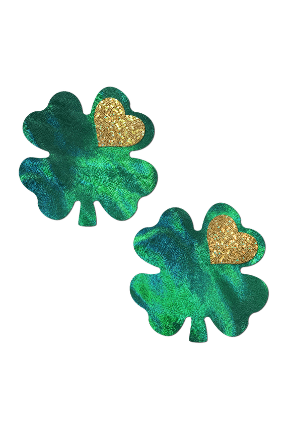 Coverage: Clover Green Holographic with Glitter Gold Heart Breast Coverings by Pastease