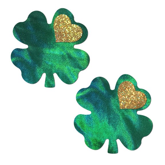 PASTEASE St. Patricks Day Pasties - Green Clover with Gold Heart Nipple Covers for St. Patties | Lingerie & Raves | Halloween Costume Accessory | Medical Grade, Waterproof, Latex Free