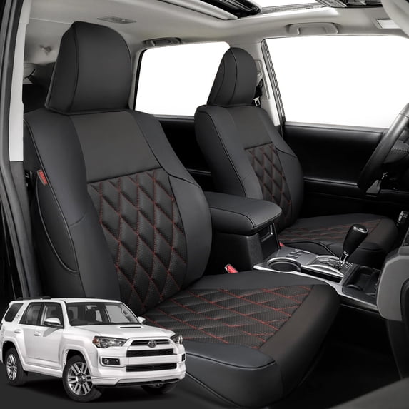 coverdream 4Runner Seat Covers Custom Fit for 2010-2024 Toyota 4Runner (7-Seater,3-Row) - Breathable Leather Auto Seat Covers(Full Set,Black with Red Line)