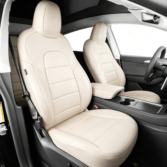 coverdream Custom Fit Car Seat Covers for Tesla Model S 2021-2026 Long Range, Front Fixed & Rear Side Adjustable Headrests - Leatherette Seat Protector(Full Set,Beige)