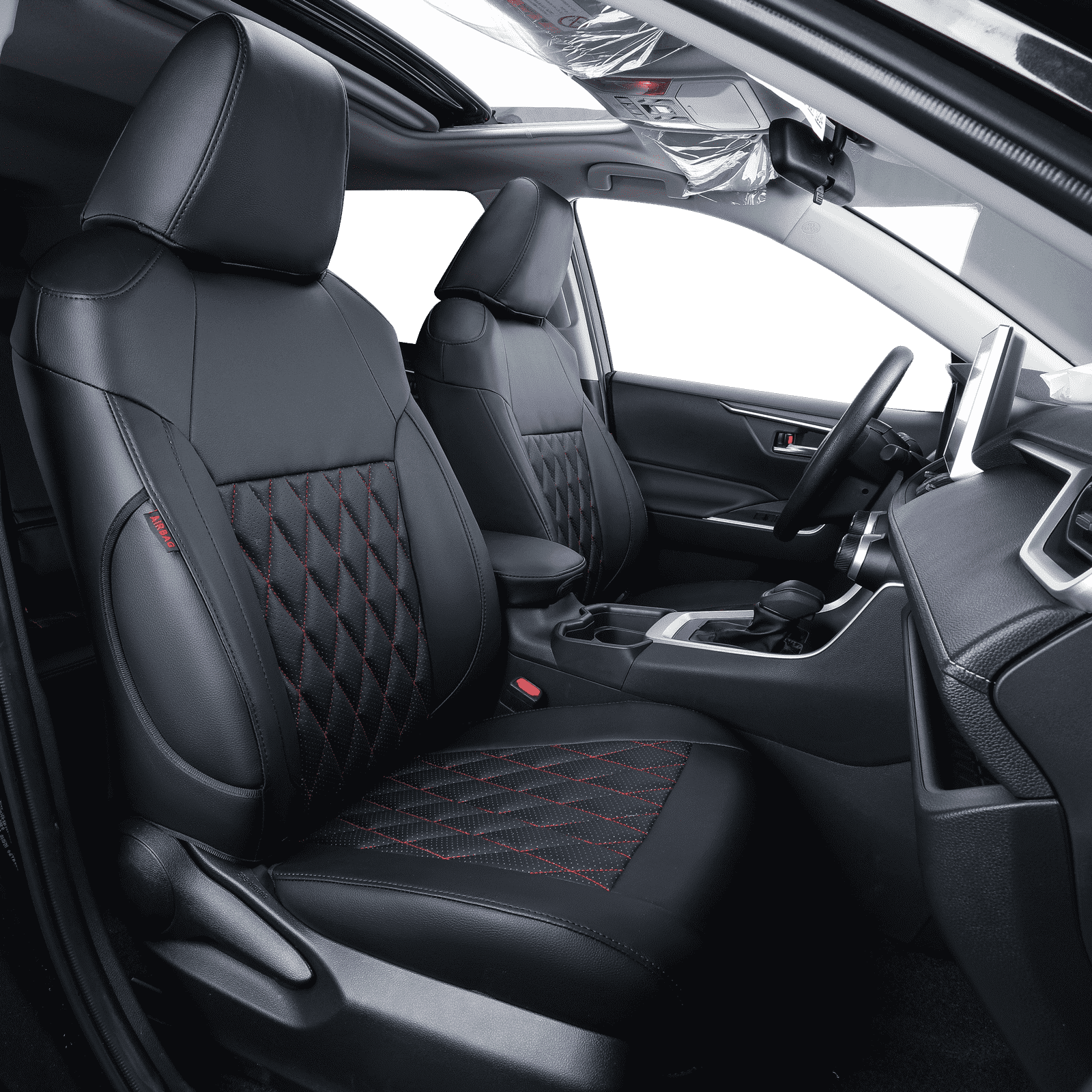 Coverdream Custom Fit RAV4 Car Seat Covers for Toyota RAV4 Limited XLE SE Platinum Adventure 2013 2014 2015 2016 2017 2018 (NOT for Hybrid) - Leatherette (Black/Red,Full Set)