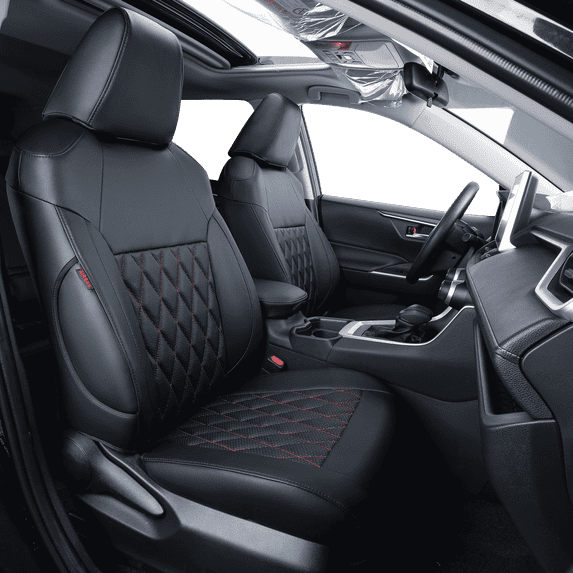 coverdream RAV4 PHEV Leather Seat Covers Full Set for 2019-2025 Toyota RAV4 Hybrid XSE,Hybrid SE,Prime SE/XSE - Leatherette (Black/Red,Full Set)