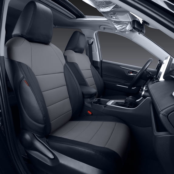 coverdream RAV4 Hybrid Seat Covers Custom Fit for 2019-2024 2025 Toyota RAV4 Hybrid (Not for XSE/SE/Plug-in Hybrid) - Leather Auto Seat Covers( Full Set,Black/Gray)