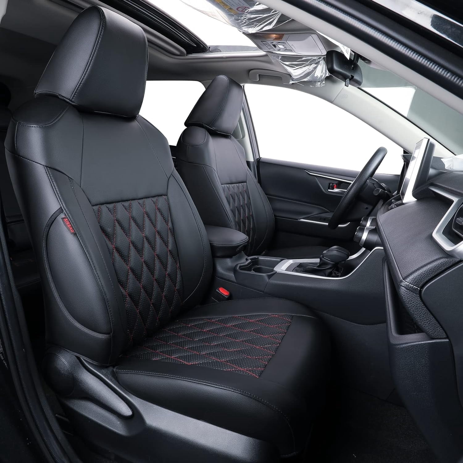 coverdream RAV4 Waterproof Leather Seat Covers Custom Fit for 2019-2024 2025 Toyota RAV4 LE,XLE,XLE Premium,Limited Auto Seat Covers(Black with Red,Full Set)