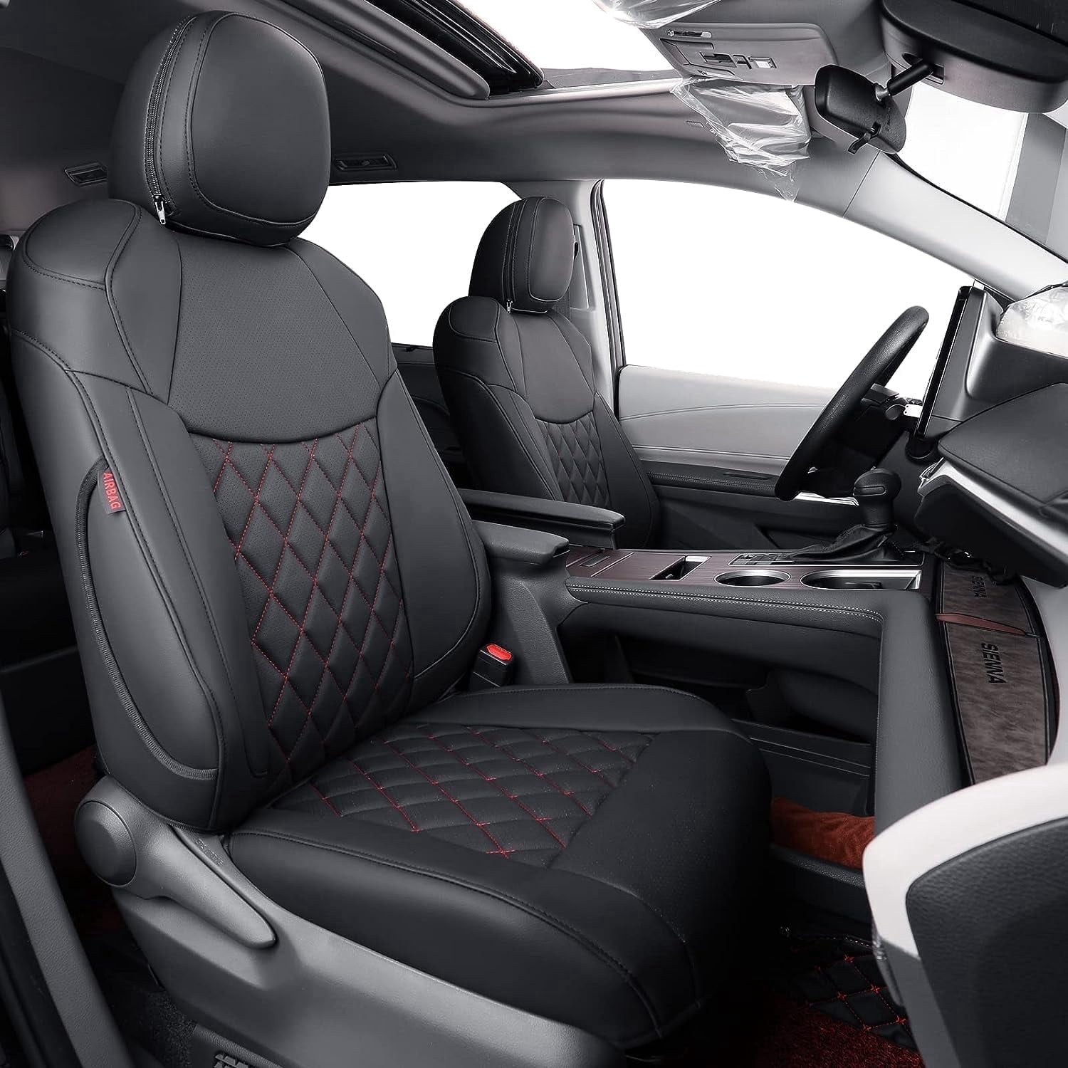 coverdream Sienna Seat Covers Custom Fit for 2021-2026 Toyota Sienna LE/XLE (8-Passenger),2nd Row Bench w/Removable Middle Seat Waterproof Leatherette(Full Set,Black&Red)
