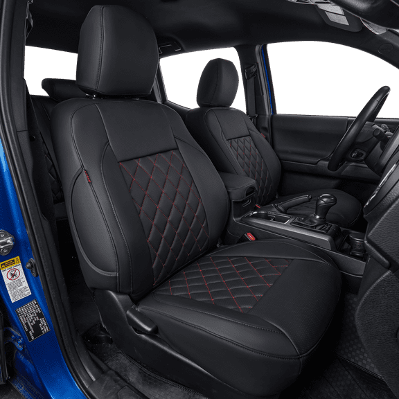 Coverdream Custom Fit Tundra Car Seat Covers for Toyota Tundra CrewMax 2014 2015 2016 2017 2018 2019 2020 2021 - Leatherette (Black/Red,Full Set)