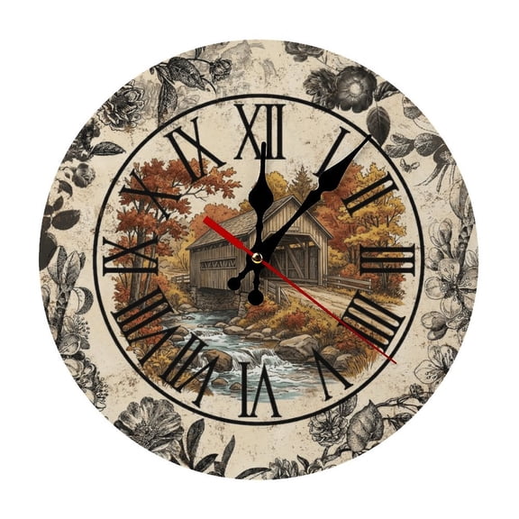 Covered Bridge Autumn 5mm Thick Solid Wood Wall Clock, Quiet Quartz Movement Easy Install Hanging Clock