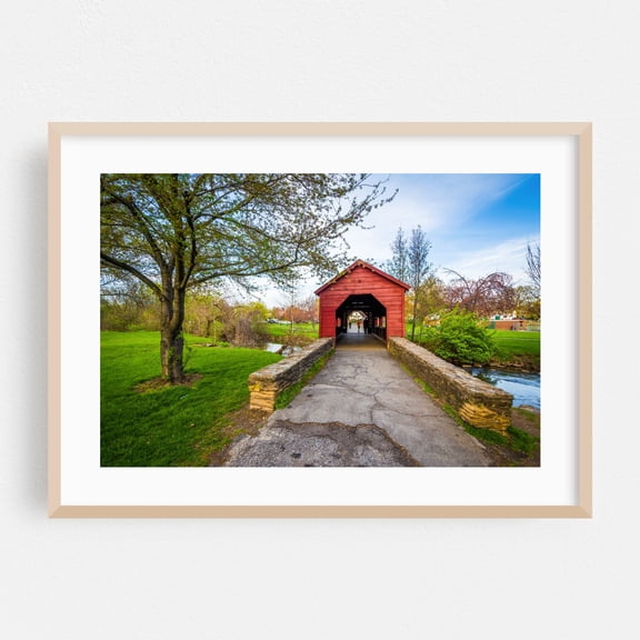 Covered Bridge in Baker Park - Frederick Maryland Photography Bridge Rural Nature Scenic Architecture Landscape Rustic Oak Framed Wall Art Print 5 x 7 inches