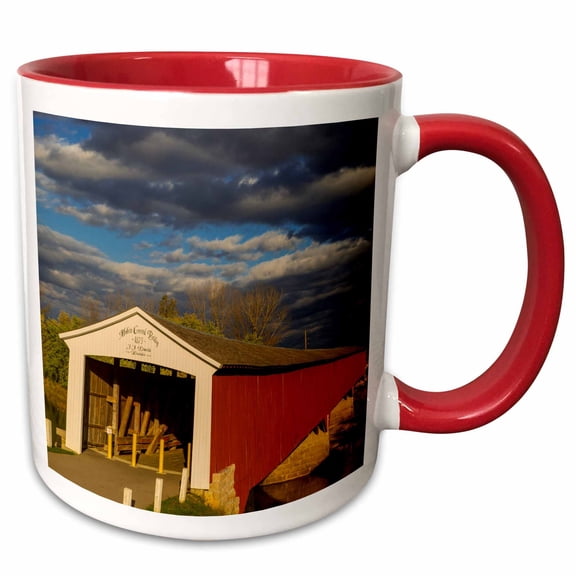 3drose, Covered Bridge Over the White River in Medora, Indiana, Usa, 11oz Two-tone Red Mug