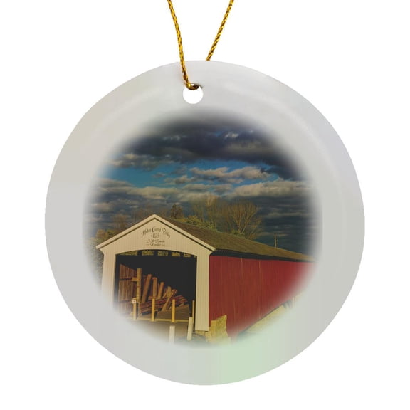 3drose, Covered Bridge over the White River in Medora, Indiana, Usa, Circle Porcelain Ornament