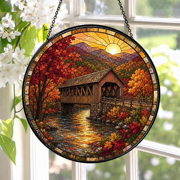 Covered Bridge Stained Glass Suncatcher Window Hanging Autumn Gift for Mom Dad