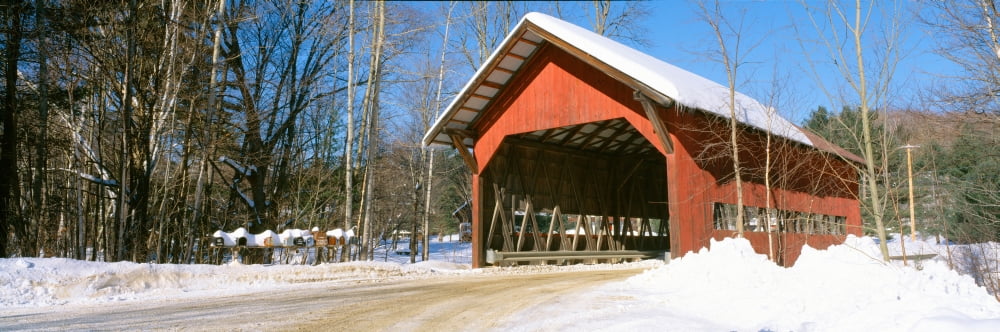 Covered Bridge Stowe Winter Vermont Canvas Art - Panoramic Images (27 x 9)