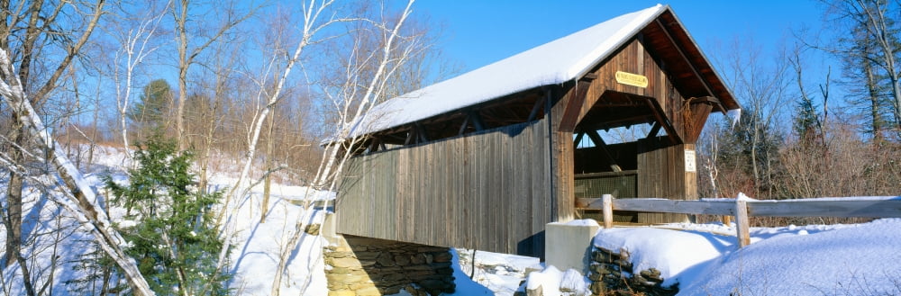 Covered Bridge Stowe Winter Vermont Canvas Art - Panoramic Images (36 x 12)