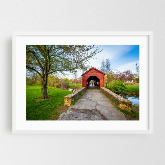 Covered Bridge in Baker Park - Frederick Maryland Photography White Framed Wall Art Print 12 x 18 inches