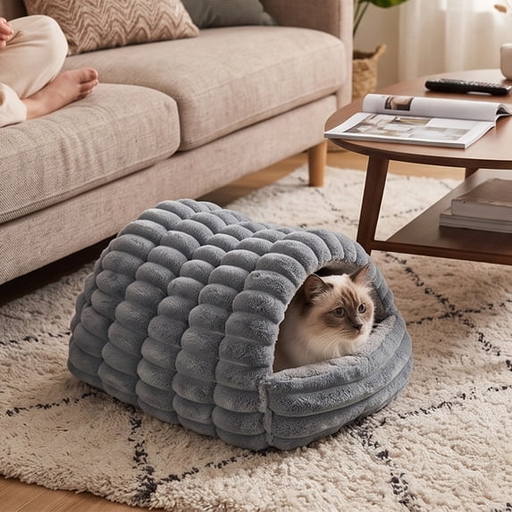 Covered Cat Bed Cave - 2-in-1 Enclosed Pet House for Small Medium Dogs Cats, Winter Warm Sleeping Shelter with Removable Cushion, 2 Size Indoor
