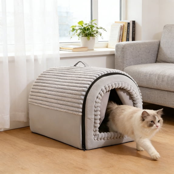 Covered Cat Bed with Door Flap Plush Soft Washable Indoor Cave for Cats All Season