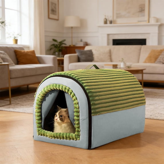 Covered Cat Bed with Door Flap, Soft Plush Kitten Cave House, Secure Indoor Hideaway with Removable Washable Pad, All-Weather Pet Shelter