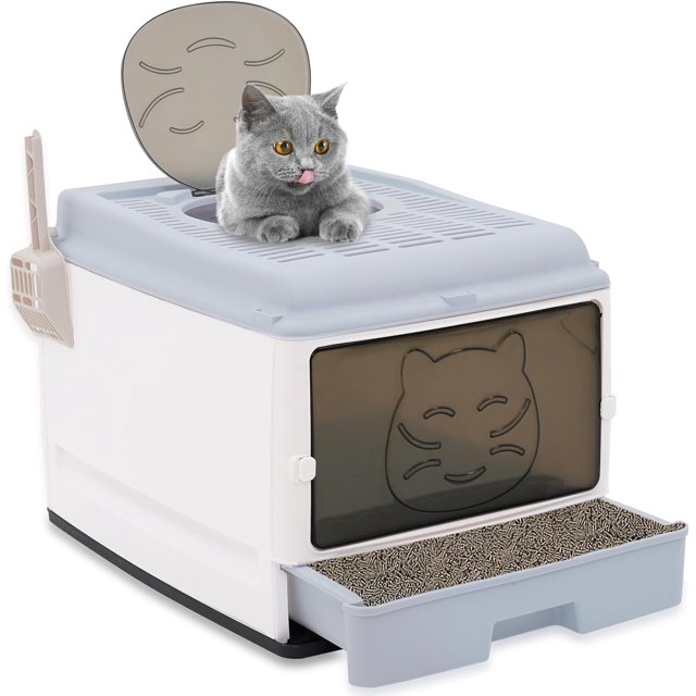 Covered Cat Litter Box Large Top Entry Litter Box with Lid for Cats