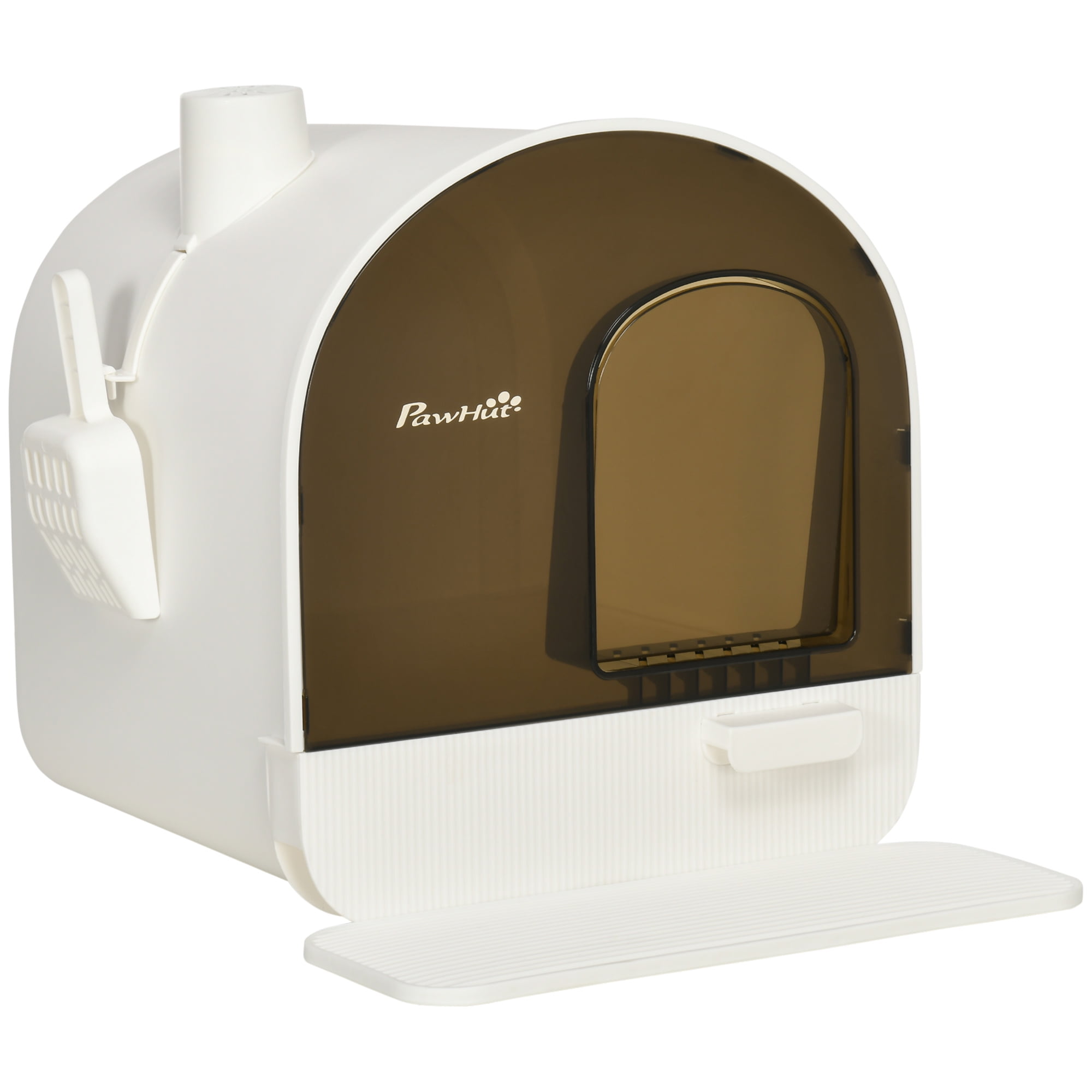 Covered Cat Litter Box with Lid Hooded Kitty Litter Box with Removable Tray Scoop Deodorizing Filter Litter Mat White