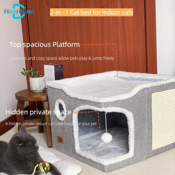 Covered Cave House with Scratch Pad, Foldable Hideaway Hut for Indoor Cats & Small Pets, Light - Dog Bed