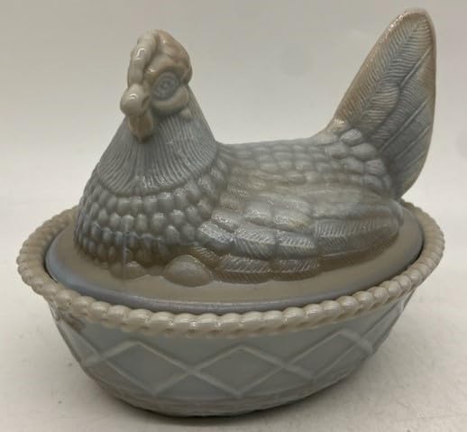 Mosser Glass Covered Chicken Dish - 2 Piece Hen On Wide Rim Base, Milk & Black Handpainted