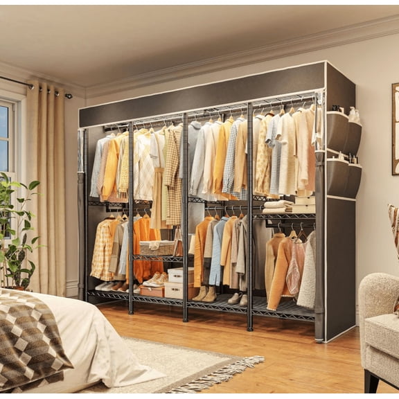 Covered Clothes Rack Loads 1100LBS, Heavy Duty Clothing Rack with Oxford Fabric Cover, Portable & Metal Wadrobe Closet for Hanging Clothes, Black, 76"W x 18"D x 77"H