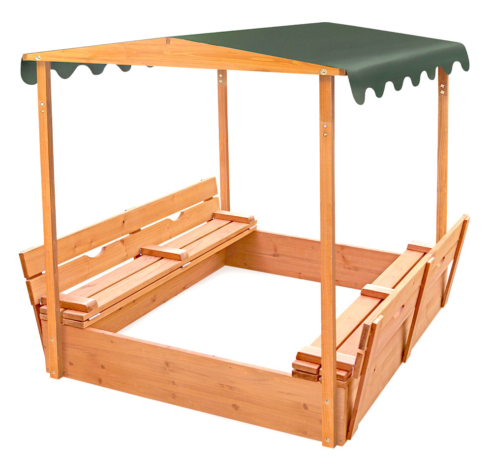 Covered Convertible Cedar Sandbox With Canopy And Two Bench Seats
