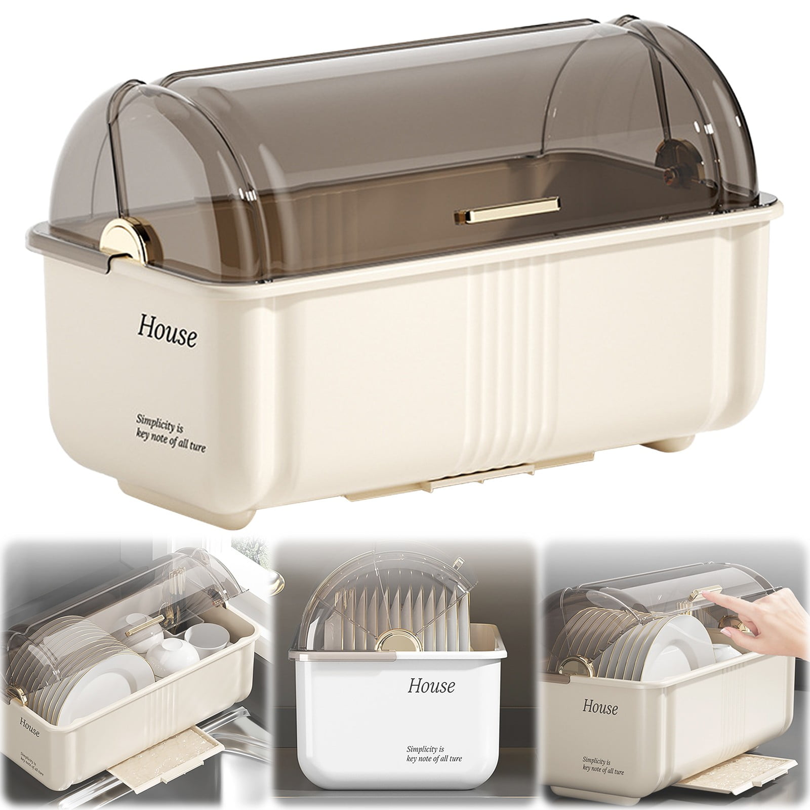 Covered Dish Drying Rack With Lid & Drainboard Dustproof Kitchen Countertop Organizer For Plates Bowls Cups Cutlery