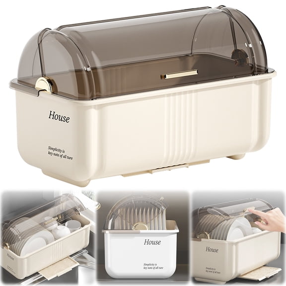 Covered Dish Drying Rack With Lid & Drainboard Dustproof Kitchen Countertop Organizer For Plates Bowls Cups Cutlery
