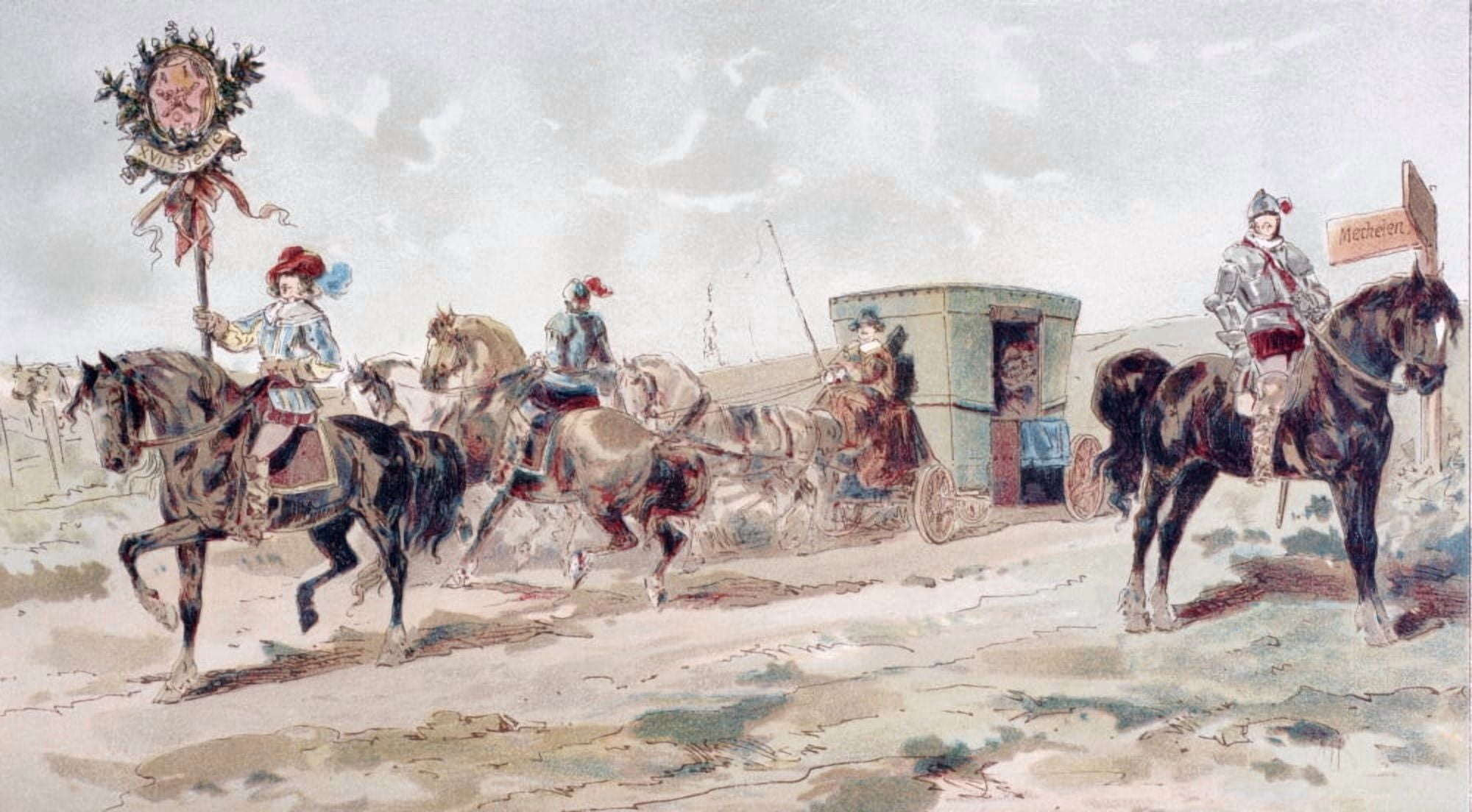 A Covered Horse Drawn Coach Of The 17Th Century After A Watercolour By A Heins From Cortege Historique Des Moyens De Transport Published Brussels 1886 Canvas Art - Ken Welsh Design Pics (19 x 10)