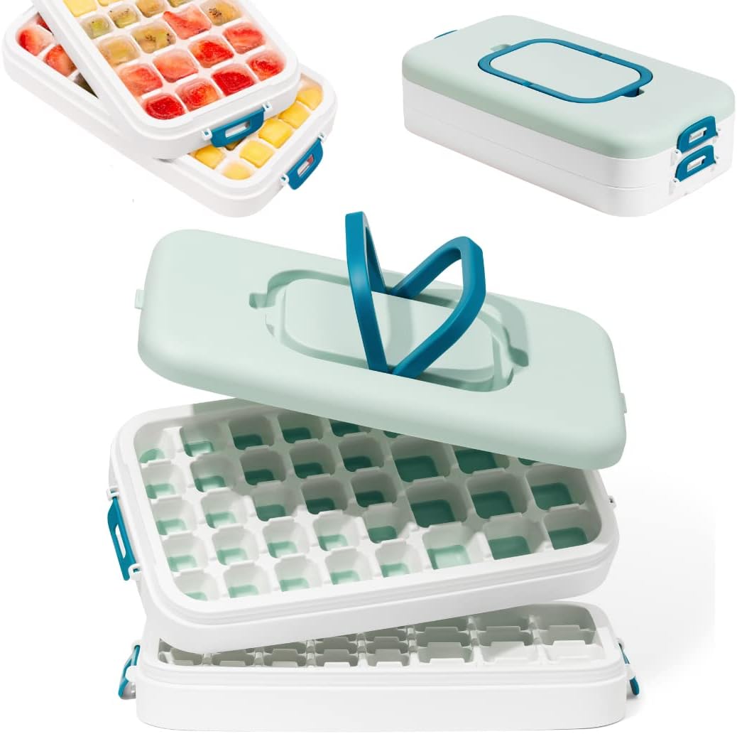 Covered Ice Cube Trays for Freezer Stackable Silicone Tray with Lid