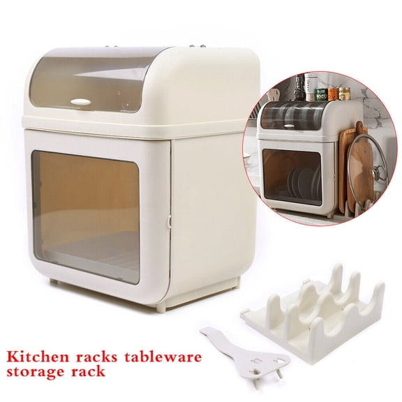 Covered Kitchen Dish Drying Rack Plastic Dustproof Drain Storage Box Basket Cutlery Holder Utensil Organizer with Lid, Khaki