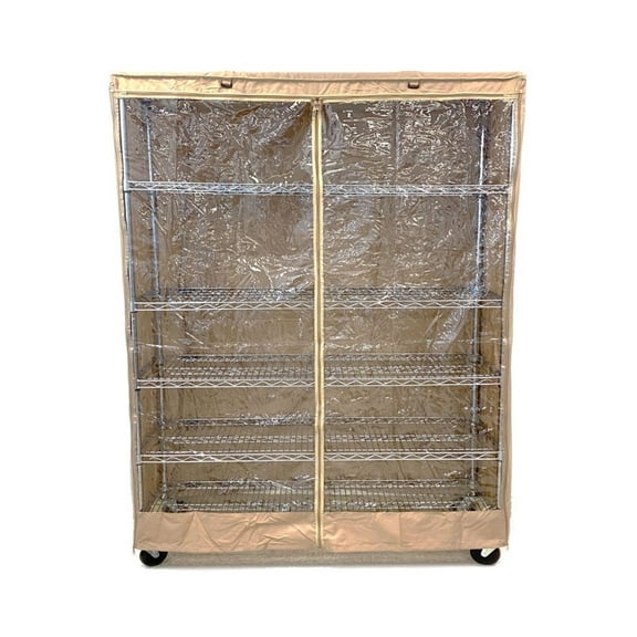 Covered Living 60"W x 24"D x 72"H Storage Shelving Unit Cover With Front Clear Panel, Khaki