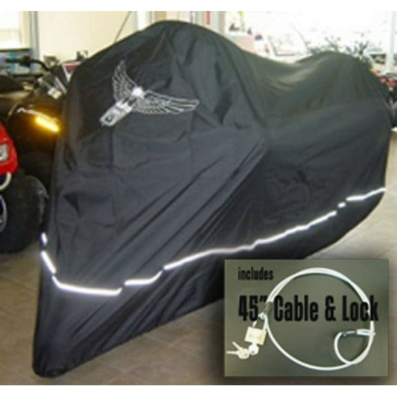 Covered Living High Quality Motorcycle Cover, Fits up to 108" length Large cruiser, Tourer, Chopper. includes Cable & Lock - Eagle Logo