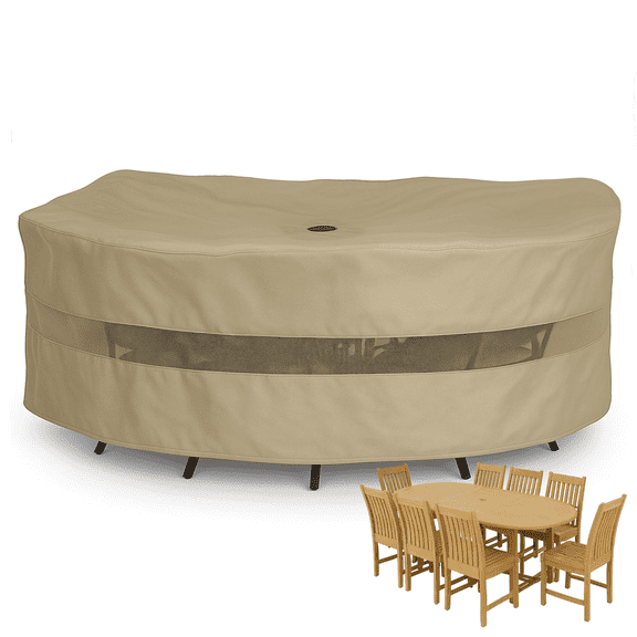 Covered Living Patio Set Cover 110"x65"X38" H, Oval style Fits Oval or Rectangular table set, Center hole for Umbrella
