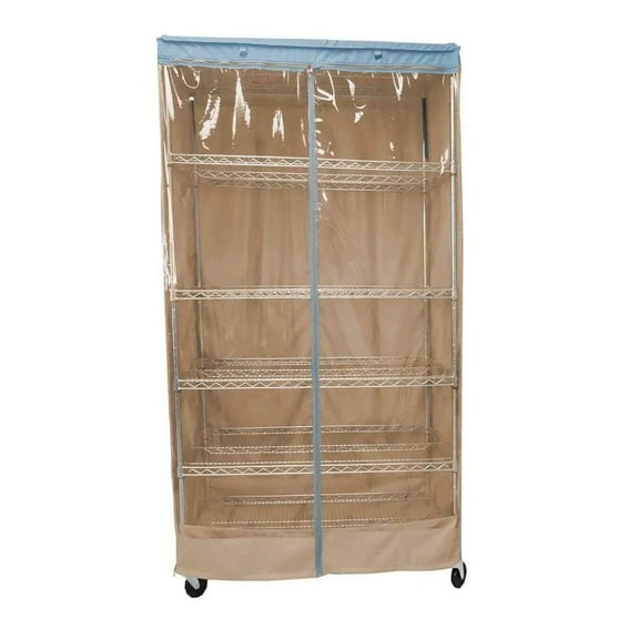 Covered Living Storage Shelving Unit Cover, fits racks 48"W x 24"D x 72"H one side see through panel in Khaki and Blue Trim