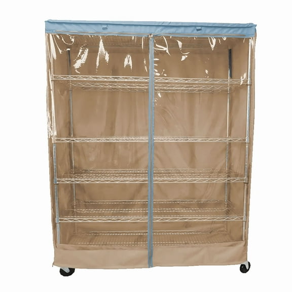 Covered Living Storage Shelving Unit Cover, fits racks 60"W x 24"D x 72"H one side see through panel in Khaki and Blue Trim