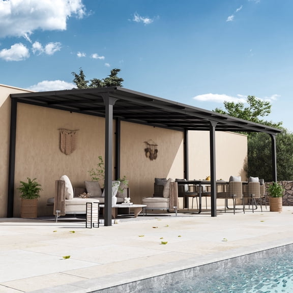 StoneCreek 10'x20' Wall Mounted Gazebo, Galvanized Steel Sloped Roof with Drainage Gutter, Outdoor Lean to Pergola for Patio