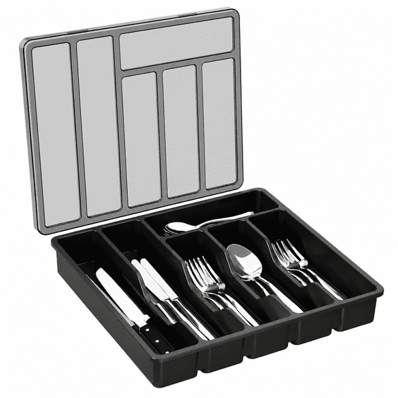 Covered Utensil Tray with Lid, Silverware Organizer for Kitchen Drawer & Countertop, Plastic Cutlery Flatware Storage Box for Spoons Forks Knives Holder Case