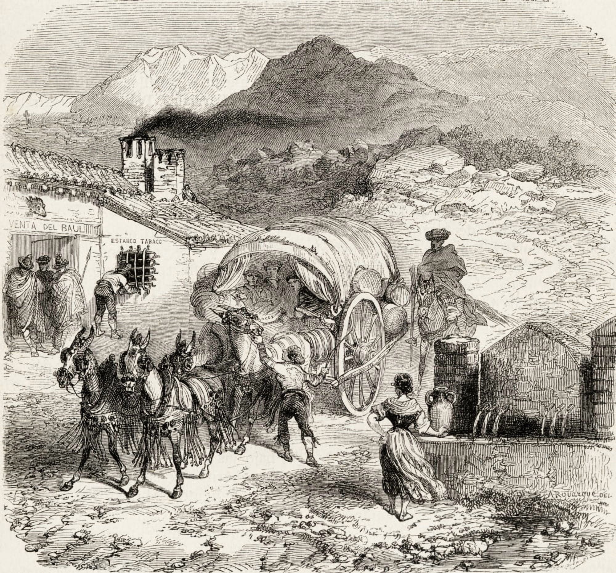 A Covered Wagon Drawn By Mules Arriving At A Roadside Inn In Sierra Nevada Granada Spain From A 19Th Century Print From El Mundo En La Mano Published 1878 Canvas Art - Ken Welsh Design Pics (30 x 28)