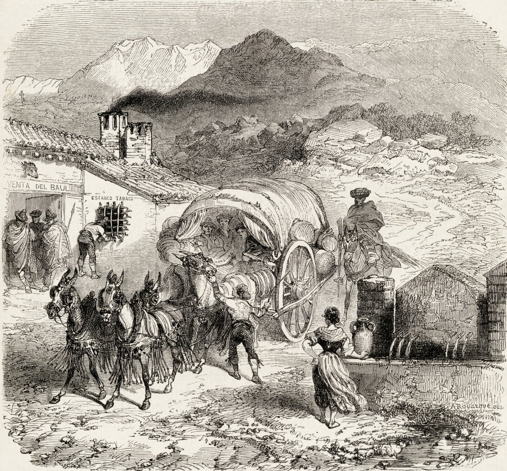 A Covered Wagon Drawn By Mules Arriving At A Roadside Inn In Sierra Nevada Granada Spain From A 19Th Century Print From El Mundo En La Mano Published 1878 Canvas Art - Ken Welsh Design Pics (15 x 14)
