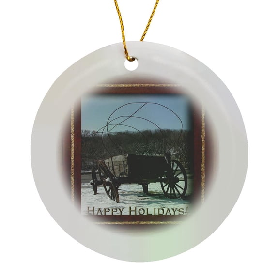 3drose, Covered Wagon Happy Holidays, Circle Porcelain Ornament