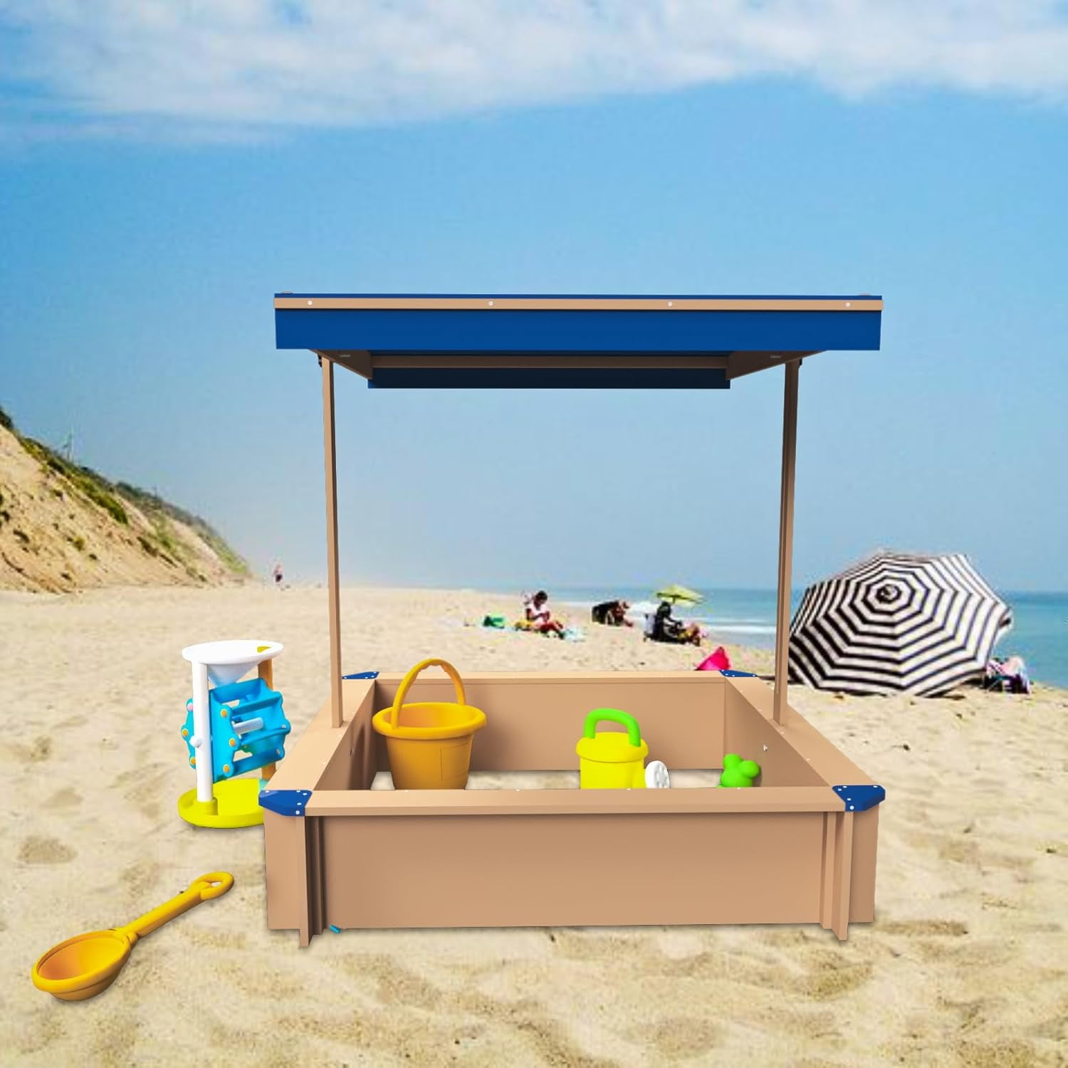 Covered Wooden Sandbox, Kids Wood Playset with UVResistant Canopy