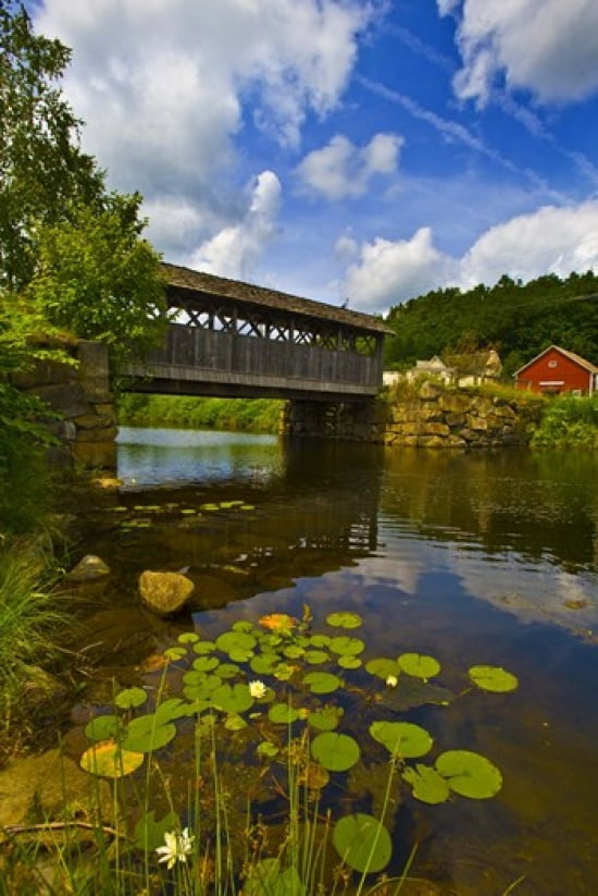 Covered bridge across a river Vermont USA Canvas Art - Panoramic Images (36 x 24)