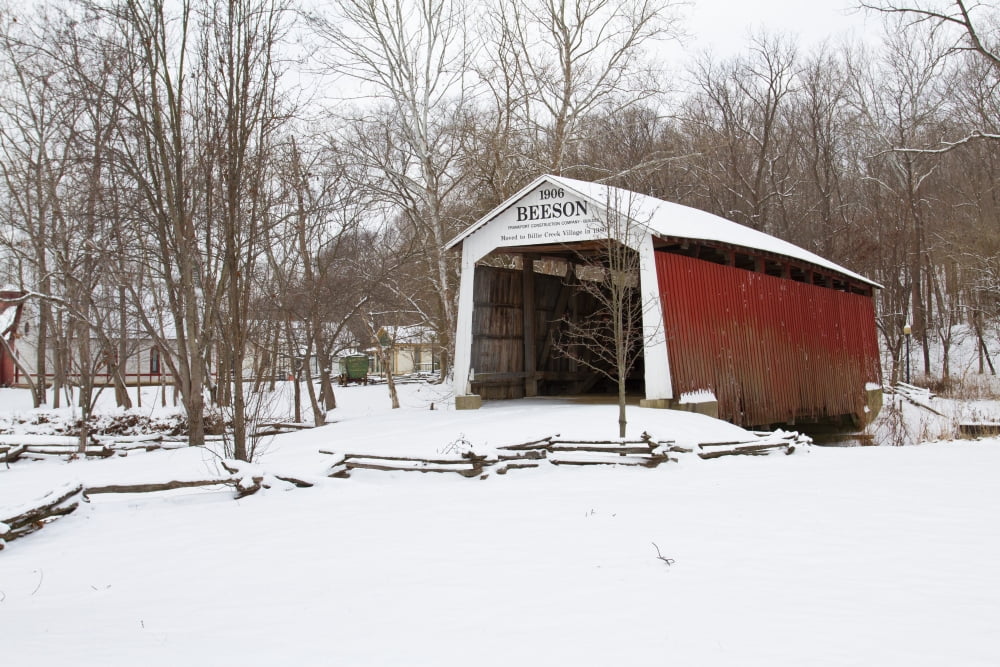 Covered bridge in snow covered forest Beeson Covered Bridge Billie Creek Village Rockville Parke County Indiana USA Canvas Art - Panoramic Images (24 x 36)