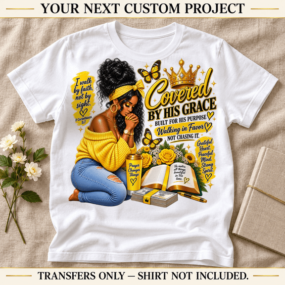 Covered by His Grace Praying Woman 2 Corinthians 5:7 Christian Faith Yellow and Gold Apparel Heat Transfers, Ready-to-Press, 10 x 10 Inches, 3-Pack