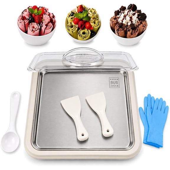 Covered rolled ice cream maker - instant ice cream roller tray, comes with 2 scoops, measuring spoons and gloves - portable self-cooling dessert ice cream rolling maker