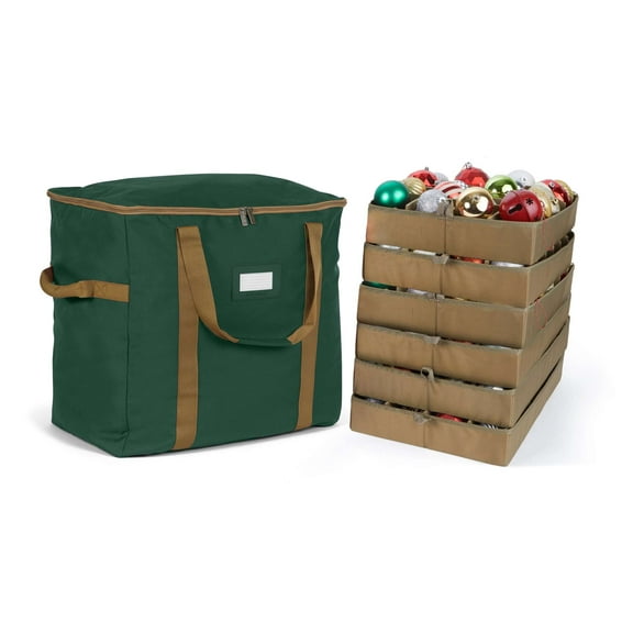 Covermates Keepsakes Adjustable Ornament Storage Bag – Heavy-Duty Polyester, Padded Dividers & FlexGrid Trays – Protective Holiday Ornament Organizer with Handles & Label Window, Green