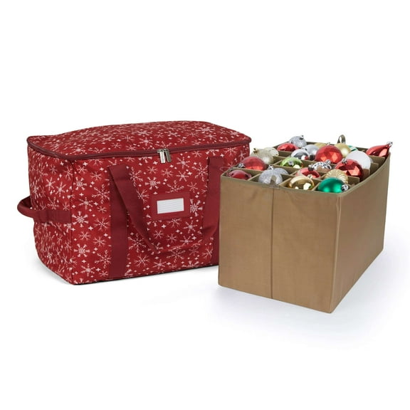 Covermates Keepsakes Adjustable Ornament Storage Bag – Heavy-Duty Polyester, Padded Dividers & FlexGrid Trays – Protective Holiday Ornament Organizer with Handles & Label Window, Red Snowflake